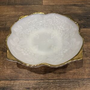 Vintage Milk Glass Grape Pattern Bowl Gold Gilt Rim Scalloped Edge Serving Dish